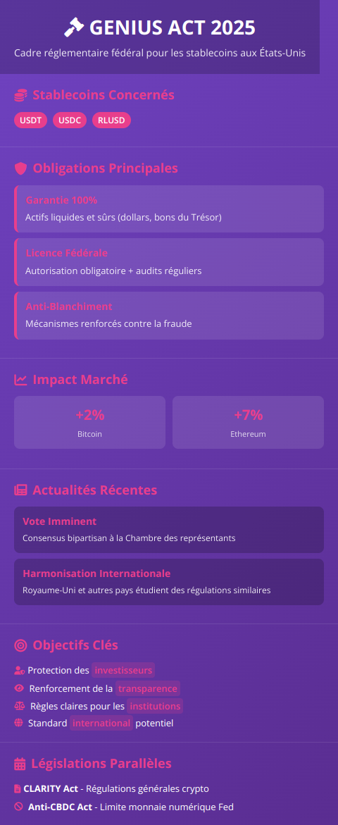 Infographie Le Genius Act est une législation américaine entrée, cadre, réglementaire